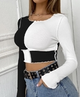 Small Quantity Clothing Manufacturer Women'S Colorblock Round Neck Long Sleeves 100% Cotton Tops