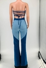 Small Quantity Garment Manufacturer Women'S One Piece Backless Color Block Denim Jumpsuit With Front Zipper