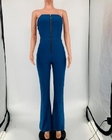 Small Quantity Garment Manufacturer Women'S One Piece Backless Color Block Denim Jumpsuit With Front Zipper