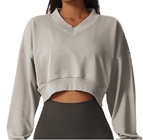 Small Quantity Clothing Factory Women'S V Neck Long Sleeve Sweatshirt Casual Pullover Top 50% Cotton 50% Polyester