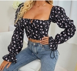 Custom Apparel Factory Women'S Casual Floral Print Square Neck Back Zipper Bell Long Sleeve Crop Top Blouse