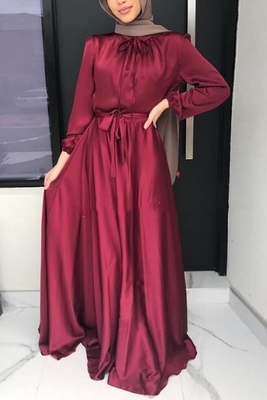 Small Quantity Clothing Factory Dubai Women'S Long Sleeve Satin Maxi Dress With Belt