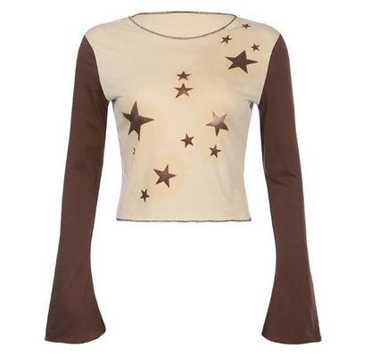 Custom Clothing Factory China Ladies Star Print Color-Block Long-Sleeved Pullover Top