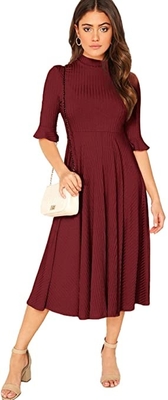 Clothing Ribbed Knit Bell Sleeve Fit And Flare Midi Dress