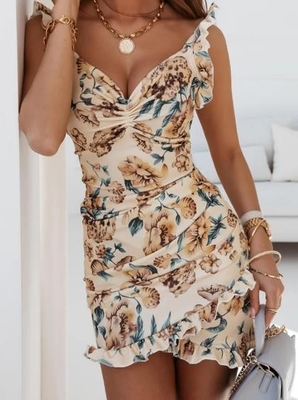 Custom Clothing Manufacturer Women'S Summer Ruffle Sleeveless V - Neck Sexy Floral Dress