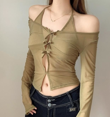 Small Batch Clothing Manufacturers Perspective Mesh Bow V - Neck Long Sleeve T - Shirt
